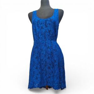 Cobalt Blue Lace Tie Back Tank Skater Dress Unlined Boho Party Asymmetric Hem